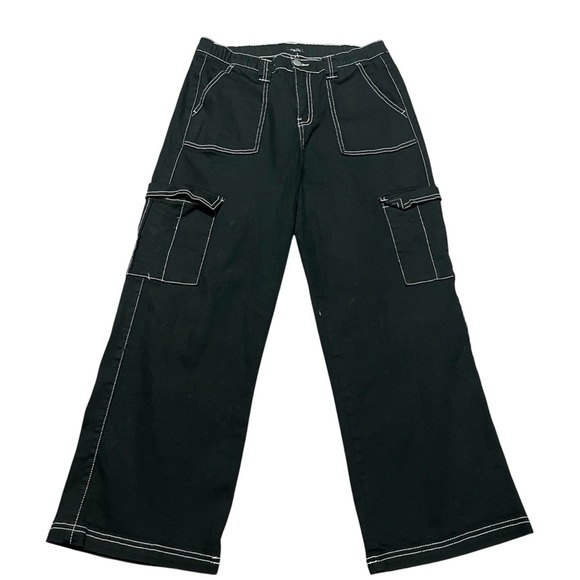 Rue21 Black Cargo Skater Pants White Stitching Elastic Size Large Y2K 2000s - Picture 1 of 8